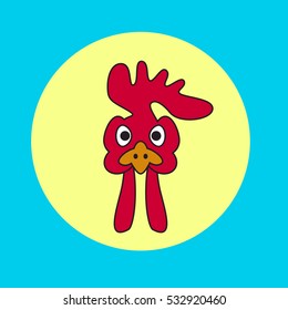 Cartoon vector illustration. Rooster head in yellow circle background