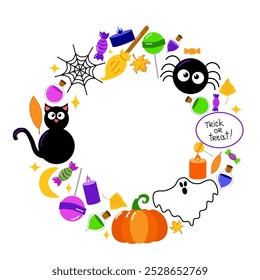 Cartoon vector illustration of round frame with pumpkin, bottles with witch's potion, black cat, candies, candles and other elements - concept of halloween, holidays and black magic
