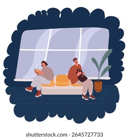 Ilustración vectorial de dibujos animados de la fila de personas multiétnicas sentadas lado a lado sobre fondo oscuro