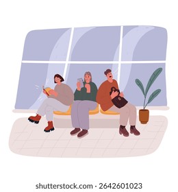 Cartoon, Vektorgrafik der Reihe von Menschen, die nebeneinander sitzen, während sie auf einen Arzt in der Krankenhauslobby warten