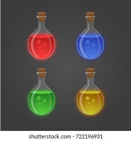 Cartoon vector illustration for rpg. Bottles of potion and objects. Game icon of magic elixir. Vector design for app user interface. Red, green, blue, yellow flasks. 