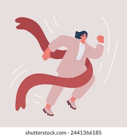 Cartoon vector illustration of Running busines woman with a red ribbon runs a marathon. Victory at the finish. Leadership concept. Success achievement template