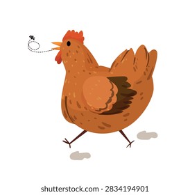 Cartoon vector illustration of a running chicken chasing a fly. Flat farm bird isolated on white background for agriculture and funny design.