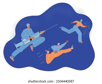 Cartoon vector illustration of Running doctor with a syringe in his hands and anti-vaccinators run away