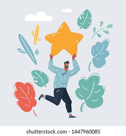 Cartoon vector illustration of running man hold a big gold star. Hurry up to get dream. Human character on white background.