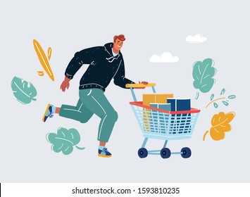 Cartoon vector illustration of running man with shopping cart full of products on white background.