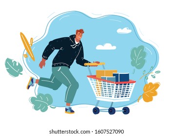 Cartoon vector illustration of running man with shopping cart full of products on blue background