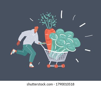 Cartoon vector illustration of Running man with a shopping cart. Isolated on dark background.