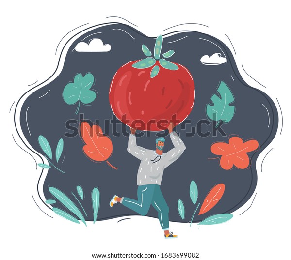 Cartoon\
vector illustration of running man with\
tomato.