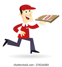 A cartoon vector illustration of a running pizza delivery man.