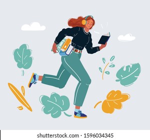 Cartoon vector illustration of running woman with stack of books, reading and listening lessons, hurry to study, rushing to class