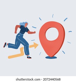 Cartoon vector illustration of running woman to location point.