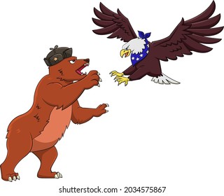 Cartoon vector illustration of a Russian bear vs American eagle