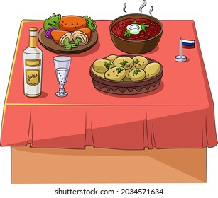 Cartoon vector illustration of a Russian foods assortment