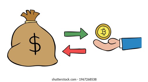 Dibujo vectorial de caricatura de un saco de dólares y 1 intercambio de bitcoína. Bordes de colores y negros.