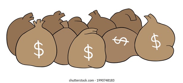 Dibujo vectorial de caricaturas llenas de dinero. Bordes de colores y negros.