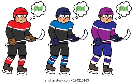 Cartoon vector illustration of sad angry hockey player who thinks about money dollars, can be recolored