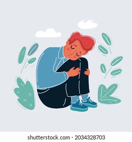 Cartoon vector illustration of sad boy child does . He feels bad, lonely, sad, offended