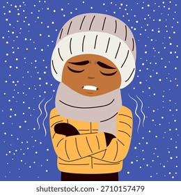 Ilustración vectorial de dibujos animados de un niño triste sintiendo frío al aire libre sobre un fondo nevado de invierno. Arte de Clip para materiales educativos, contenido de Clima y tema de salud infantil