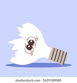 Cartoon vector illustration of a sad and broken light bulb character symbolizing emotional burnout, loss of creativity, or disappointment in ideas. Psychological topics, idea failure concepts or workp