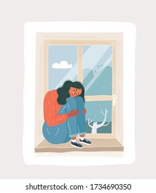 Cartoon vector illustration of sad depressive cry girl looking out the window. Sad depressive woman sitting on the windowsill, hugging his knees sitting at night.