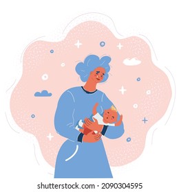 Cartoon vector illustration of sad exhausted mother holding baby