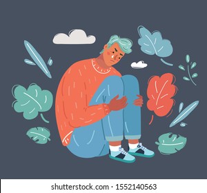 Cartoon vector illustration of sad frustrated man, sitting and cry. Human character on dark.