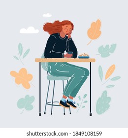 Cartoon vector illustration of Sad girl in cafe. Glass in her hands. Alone and lonely concept.