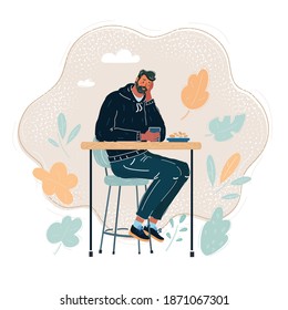 Cartoon vector illustration of sad handsome man, sitting at table in cafe.