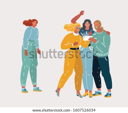 Cartoon vector illustration of Sad lady standing alone. No friends concept. Looser, Youth abuse, social behavior, ignoring, psychological harm and problems. Loser and outsider person.