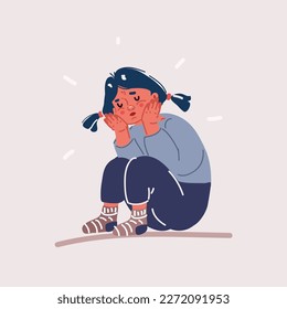 Cartoon vector illustration of Sad little sitting on floor. Child abuse, violence against children, kids depression