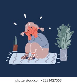 Cartoon vector illustration Sad little girl with sitting on floor, Child abuse, violence against children concept over dark background