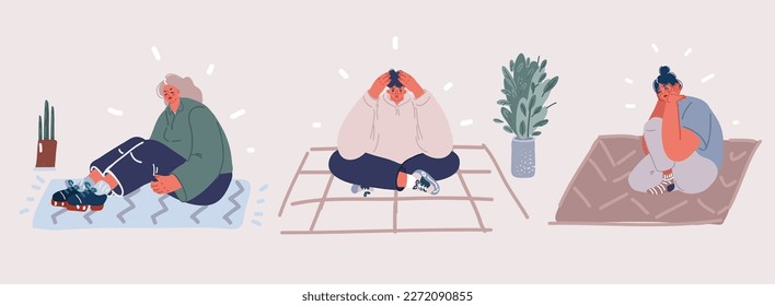 Cartoon, Vektorgrafik von Traurigkeit und einsamen Teenagermädchen, die in Lotusposition auf dem Boden sitzen und ihren Kopf nach unten senken. Depression, Traurigkeit, Traurigkeit, psychische Störung, Krankheit.