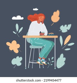 Dibujo vectorial de una mujer triste solitaria en la mesa.