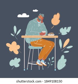 Cartoon vector illustration of sad man sit at the table with glass in his hand in dark cafe or pub. Depressive and unemployed concept.