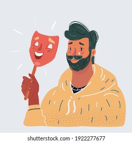 Cartoon vector illustration of sad man with dissapointment expression on his face under happy mask. Close up view character on white background.