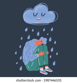 Cartoon vector illustration of sad man with raining cloud above on. Life failure concept on dark backround.