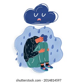 Cartoon vector illustration of sad man sitting under rainy cloud. Unhappy concept.