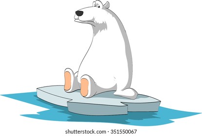 Cartoon vector illustration of a sad polar bear on a small melting ice, endangered by the global warming and the pollution. 