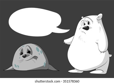 Cartoon vector illustration of a sad polar bear with a  comic book text bubble and a sad seal.