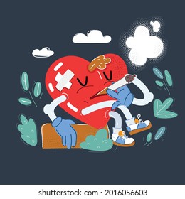 Cartoon vector illustration of Sad sick unhealthy heart character, who smoking on dark backround.