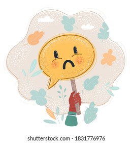 Cartoon vector illustration of Sad smile hand drawn emoticon sad face in speech bubble ion banner holding by human hand