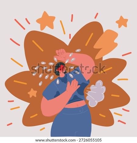 Cartoon vector illustration of Sad tired with climax. She feels bad because of menopause. Hot flashes, sweating, dizziness, irritability. Menopause concept. Harmonious restructuring of the body.