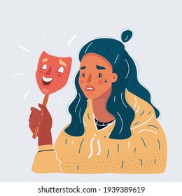 Cartoon vector illustration of cartoon sad unhappy cry woman under happy smiling mask. Pretending caracter. Depression concept on white background.