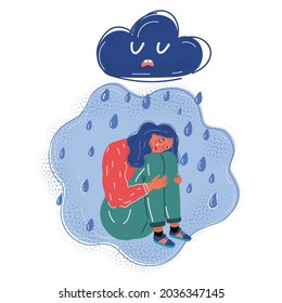 Cartoon vector illustration of Sad and upset woman, standing alone in desperated emotion with cloud and rain. Lonely, depressed, failed, lost job, or broken heart charater.