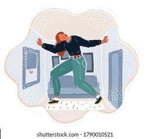 Cartoon vector illustration of Sad woman in small house