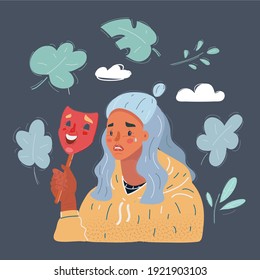 Dibujo vectorial de ilustración de mujer triste con expresión de decepción en su cara bajo máscara feliz. Cerrar el carácter de vista sobre fondo oscuro.