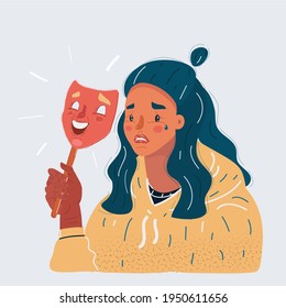 Dibujo vectorial de una mujer triste con máscara de sonrisa. El concepto de la emoción falsa y oculta sobre el fondo blanco.