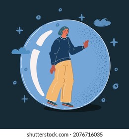 Cartoon vector illustration of Safe bubble against virus, infection. Woman, well protected from being infected with contagious disease, self-isolated, out of risk on dark backround.