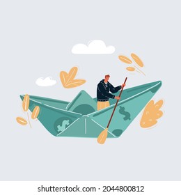 Cartoon vector illustration of sail at a one hundred dollar banknotes ship on white backround.